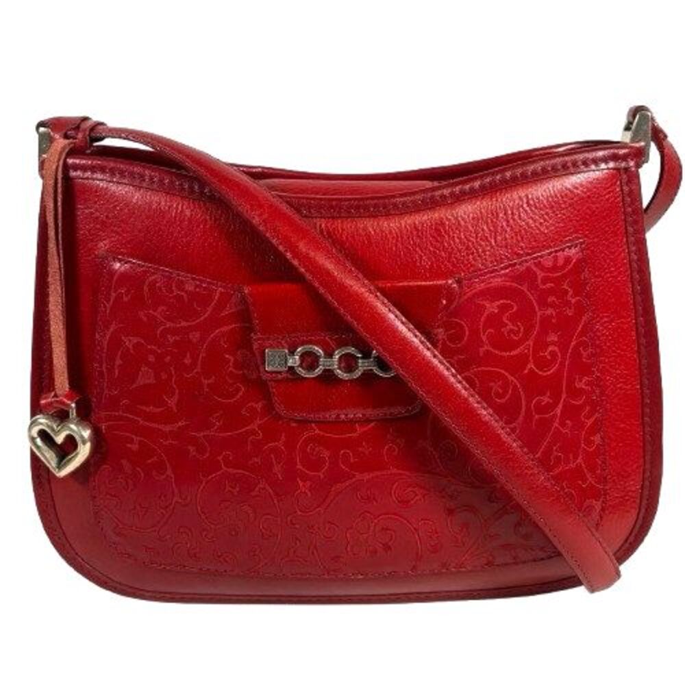 New Brighton Red Leather Shoulder Tote Bag Purse Silver Chain Floral Vine Accent